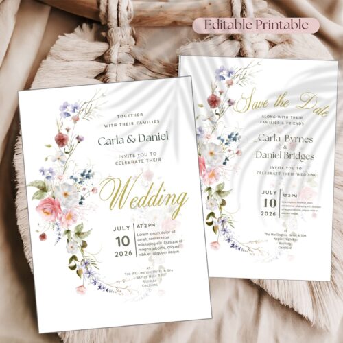 Floral Romance Wedding Invitation Template Set