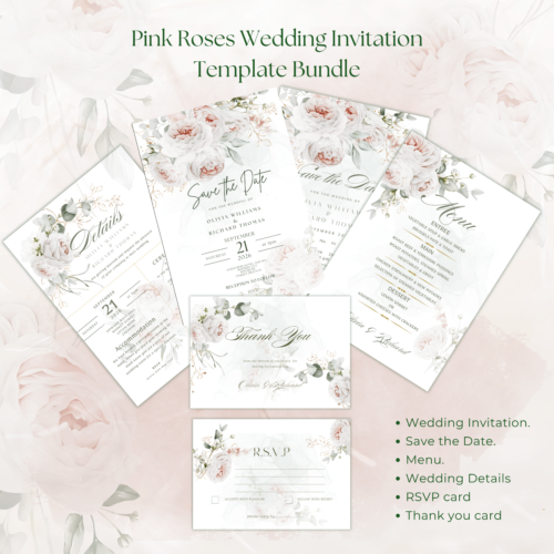 pink roses wedding bundle templates