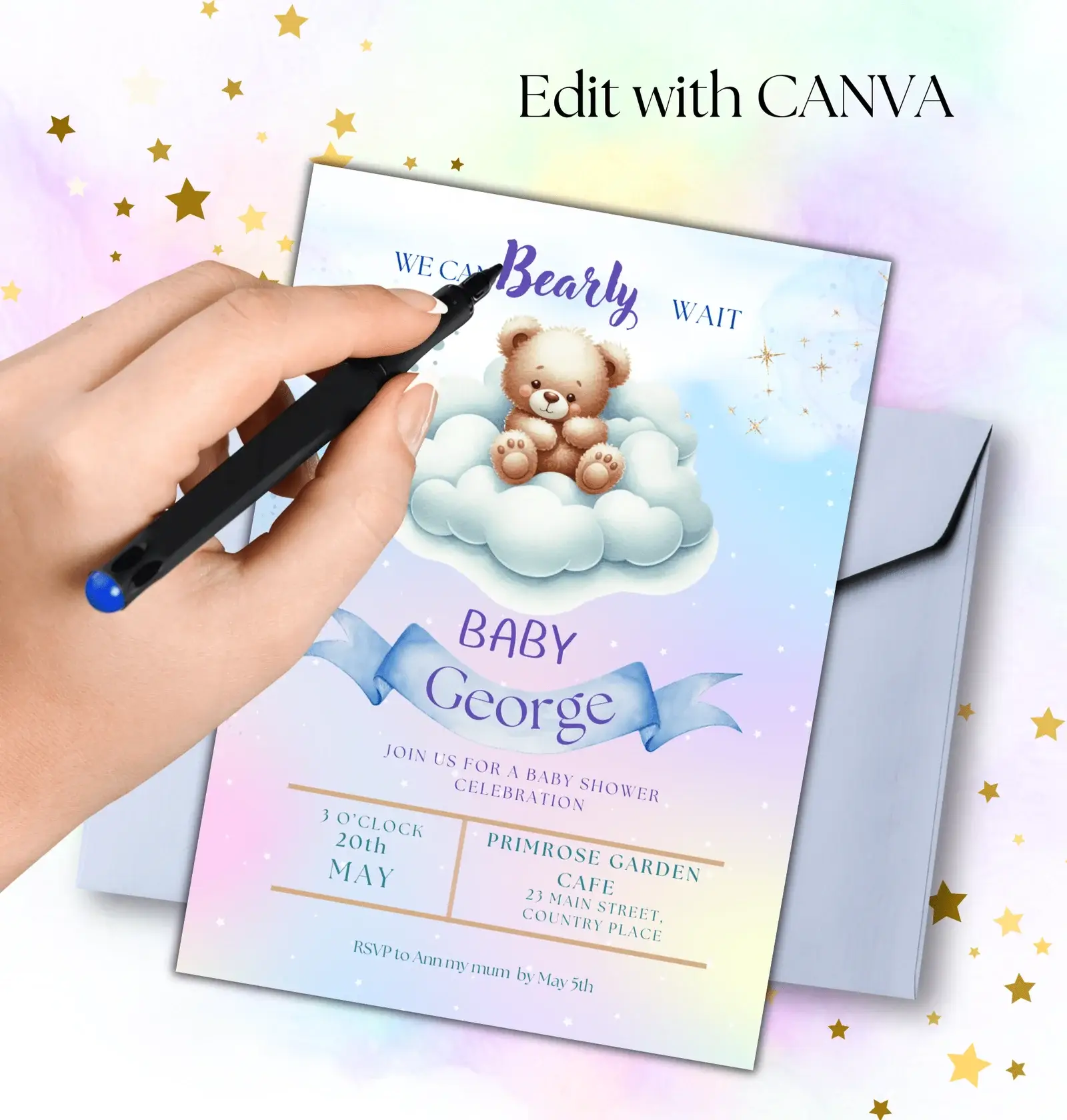 "Editable Baby Shower Invitation Card - Pastel Colored Template"