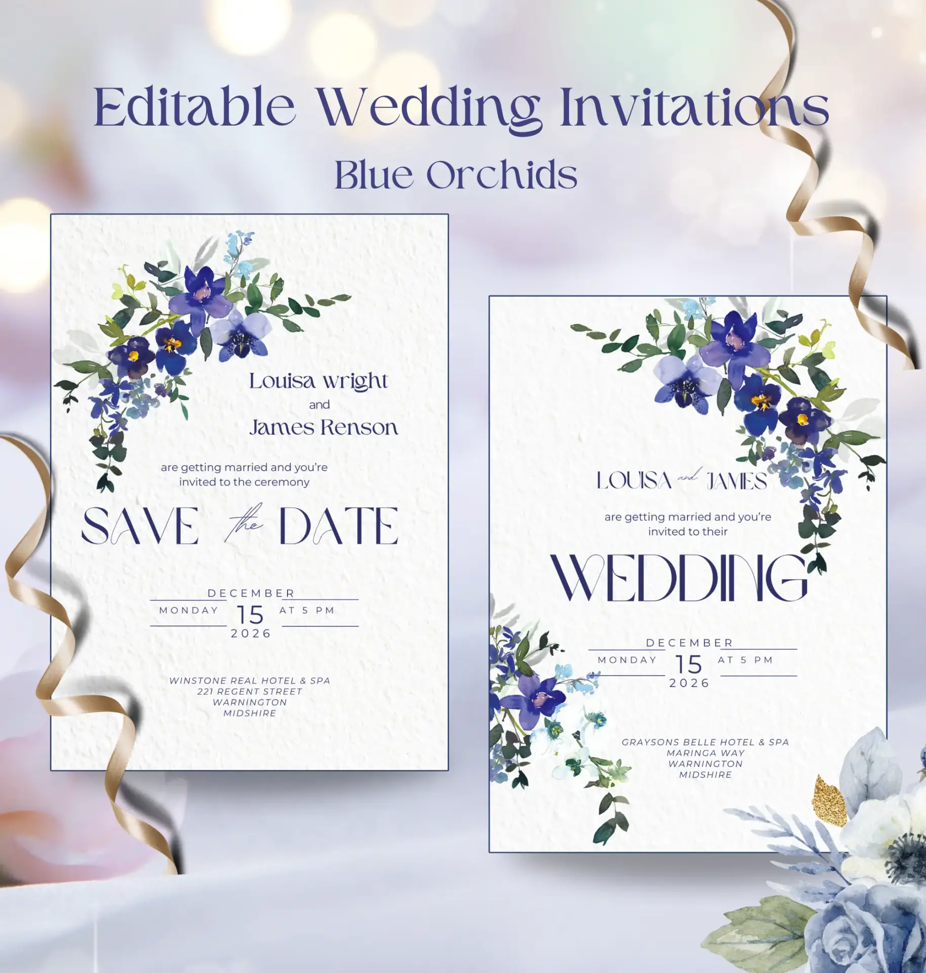 Editable Blue Orchid Wedding invitation