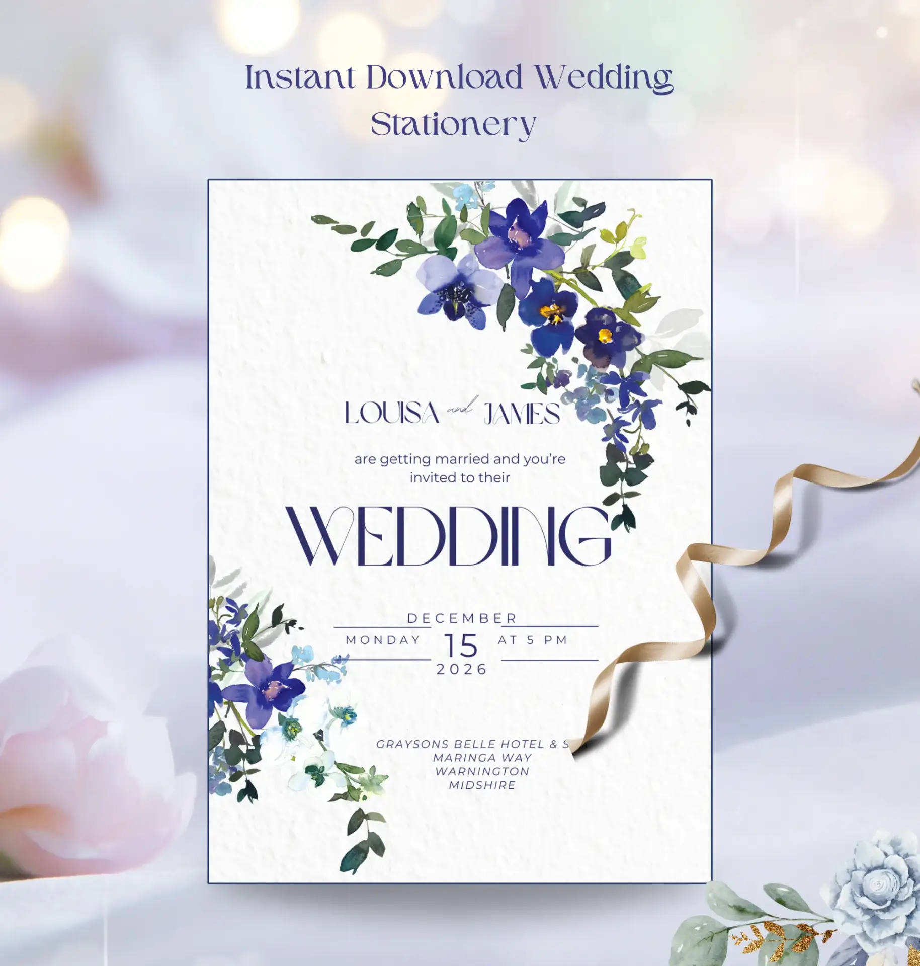 Editable Blue Orchid Wedding invitation