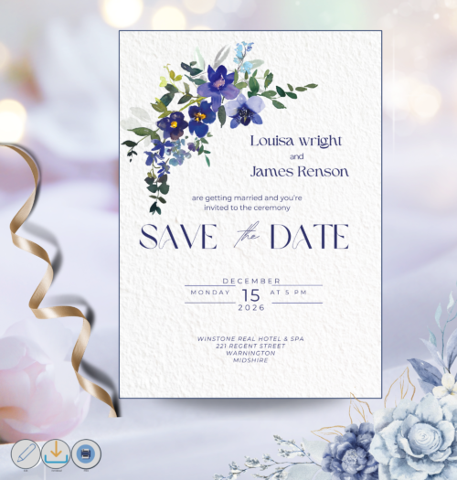 Editable Blue Orchid Wedding invitation