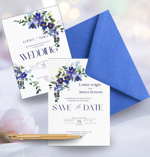 Editable Blue Orchid Wedding invitation templates