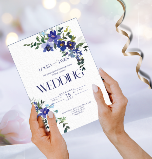 Editable Blue Orchid Wedding invitation