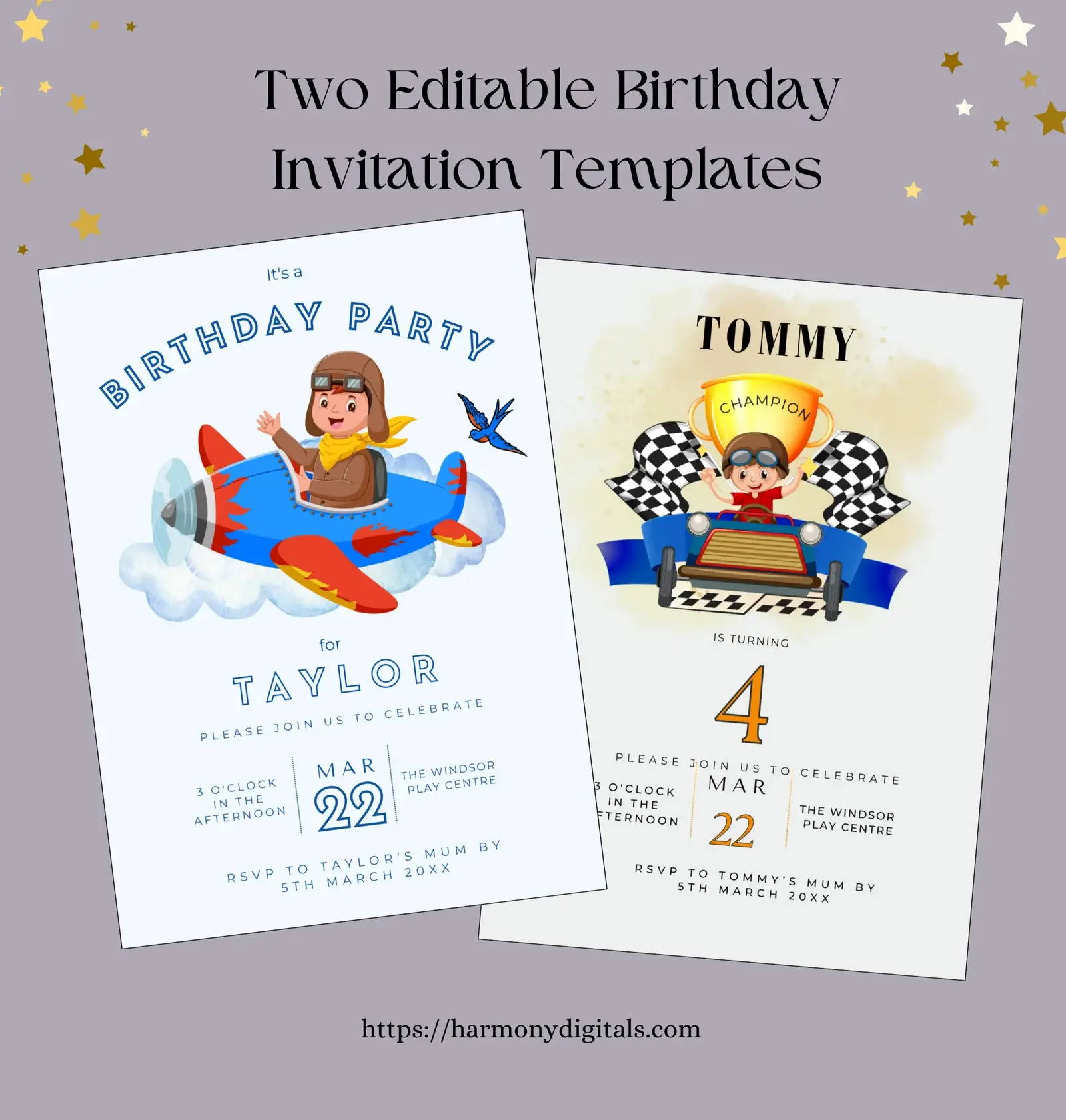 Two Editable Kids Birthday Invitations