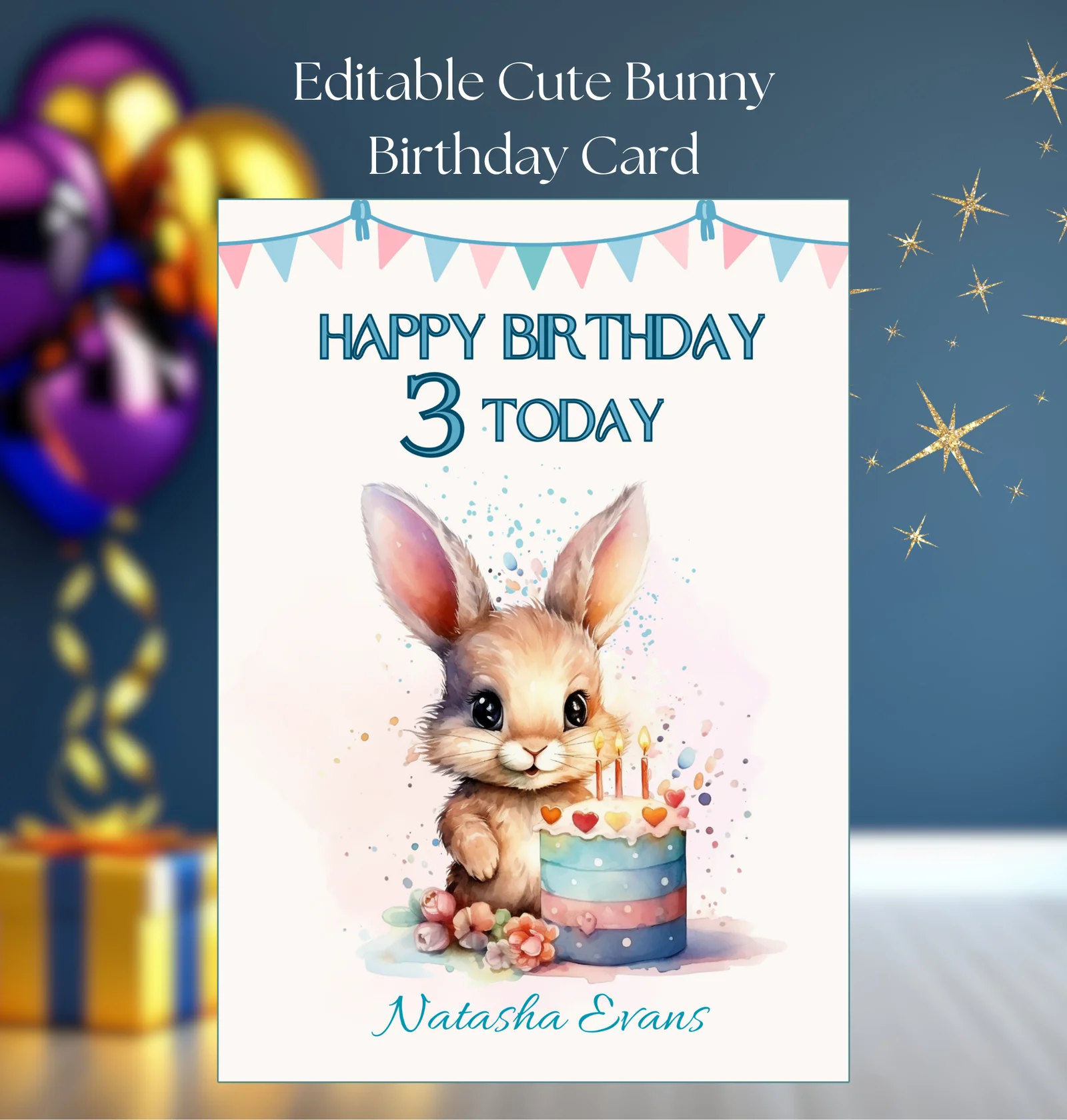 Editable Cute Bunny Birthday Card