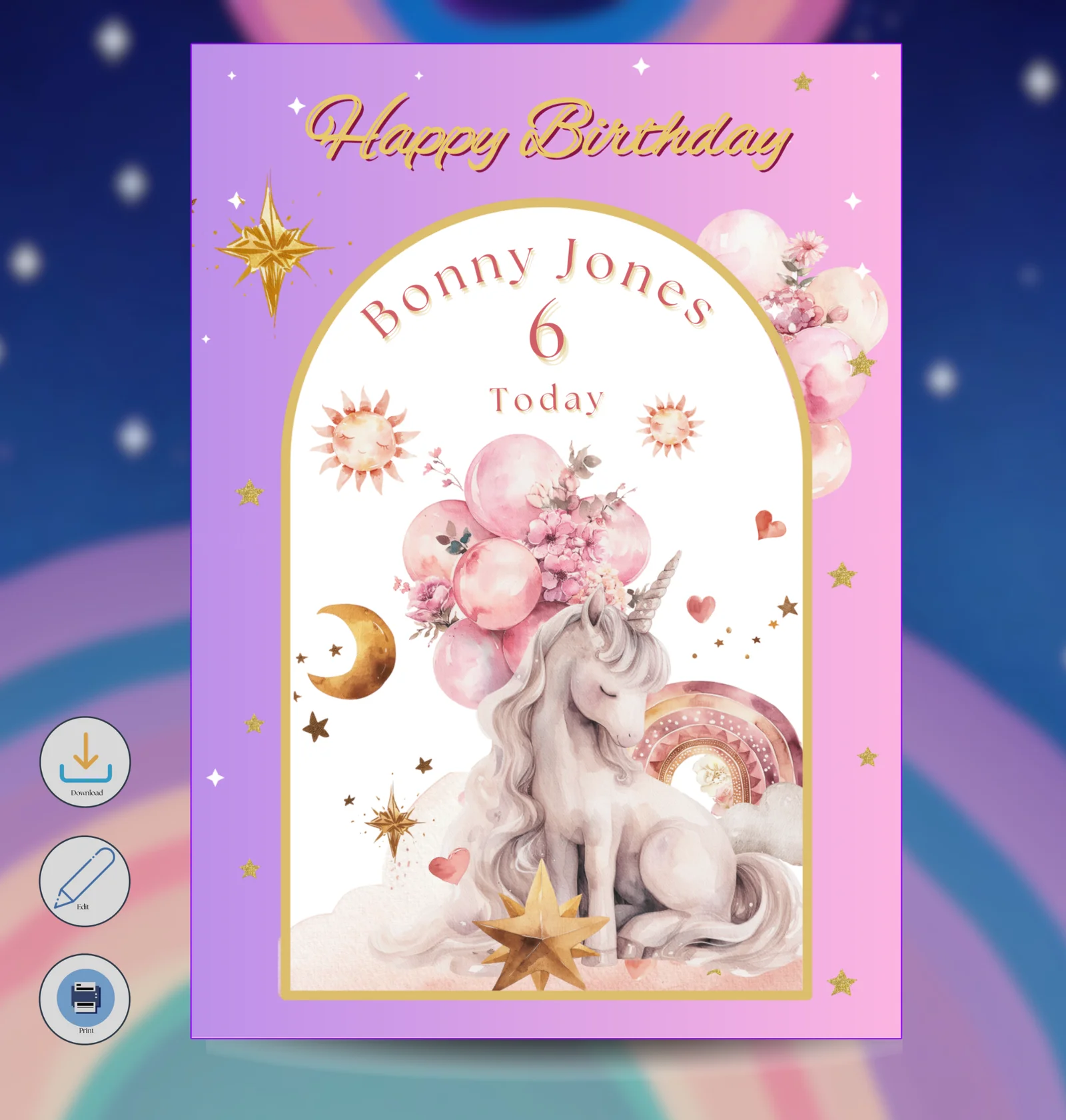 Editable Unicorn Themed Birthday Card
