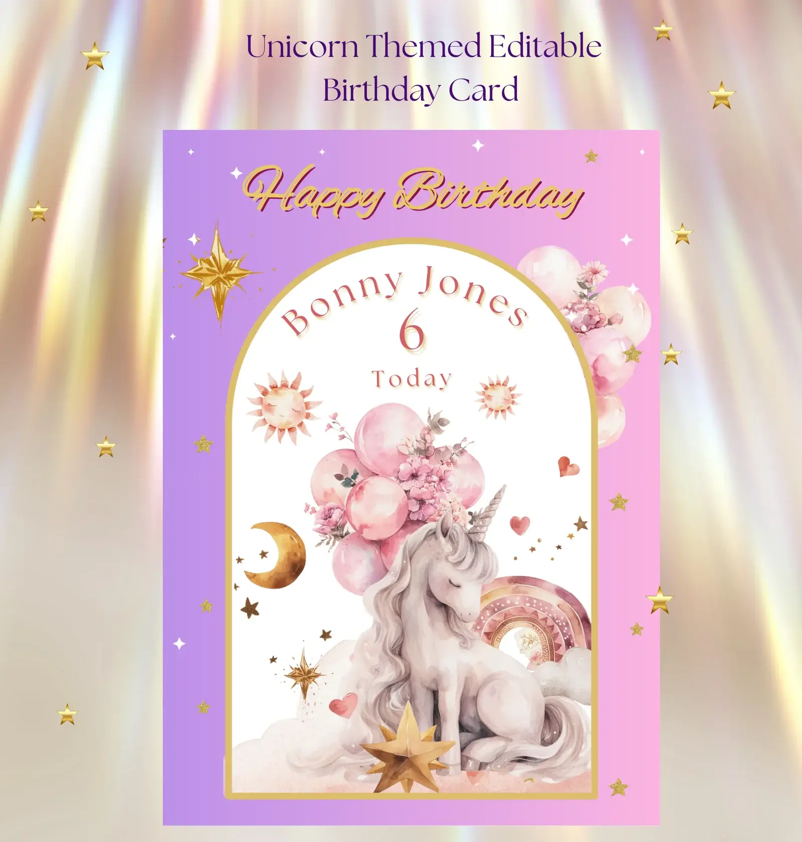 Editable Unicorn Themed Birthday Card
