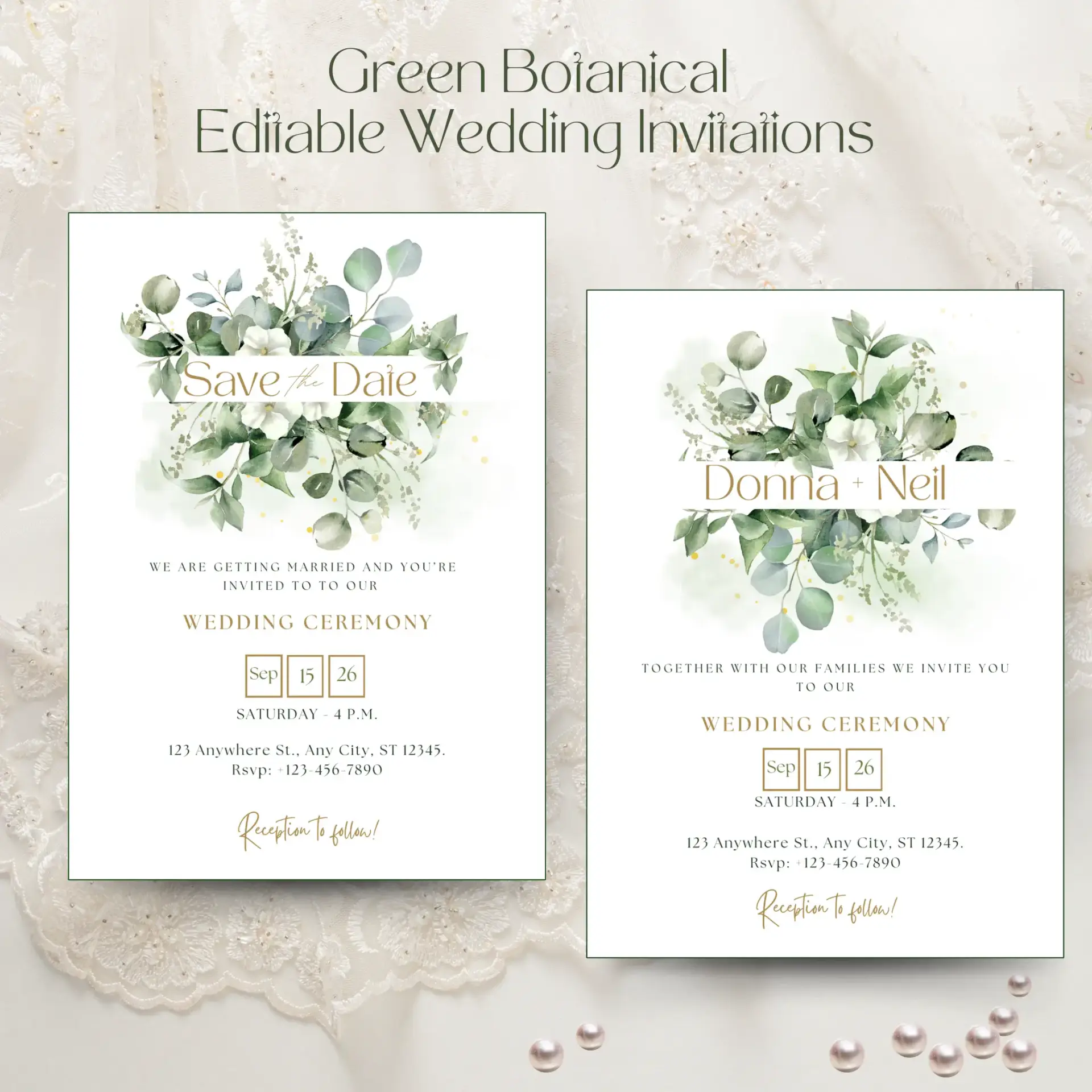 Green Botanical Editable Wedding Invitations