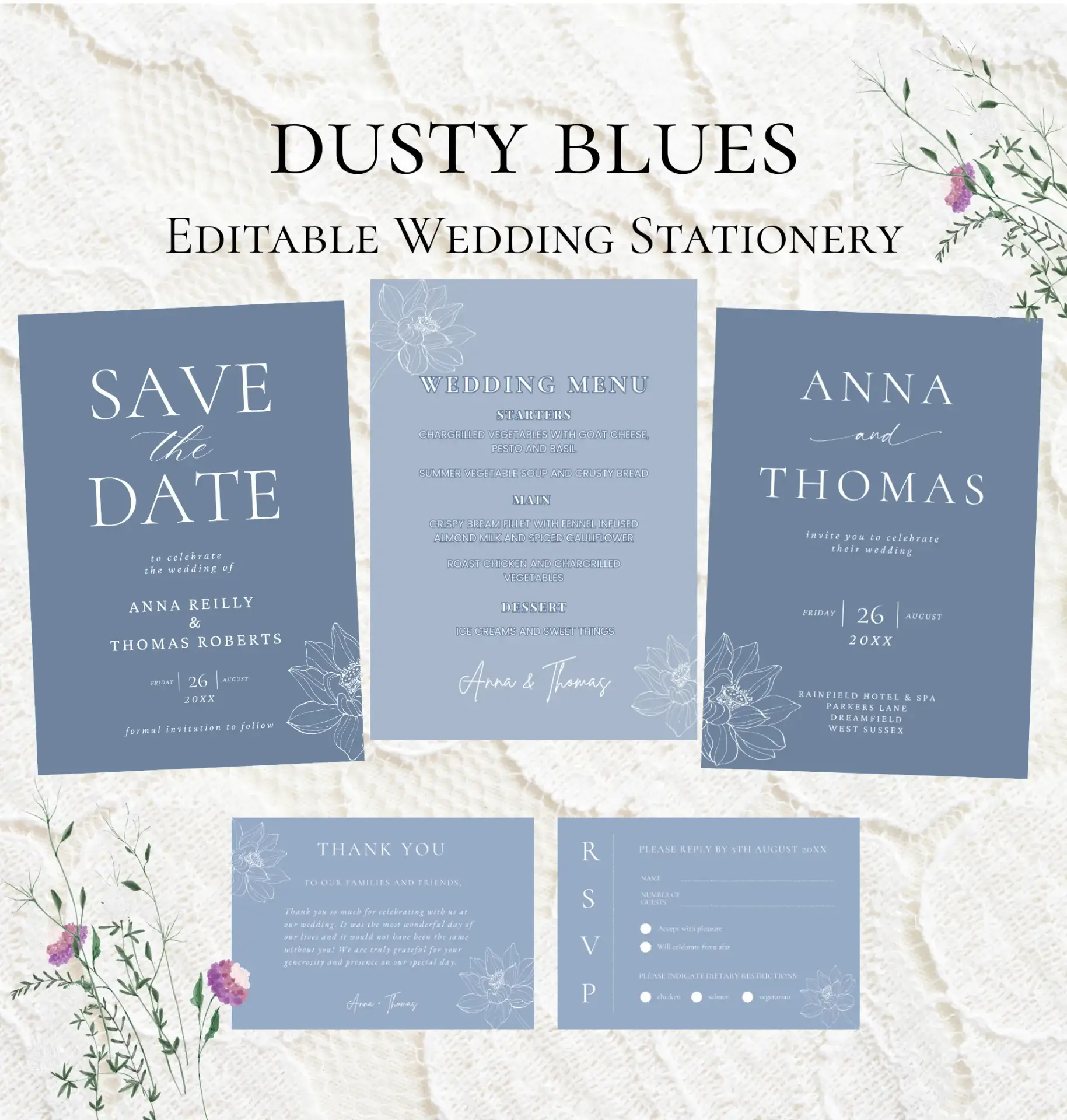 dusty blues editable wedding stationery