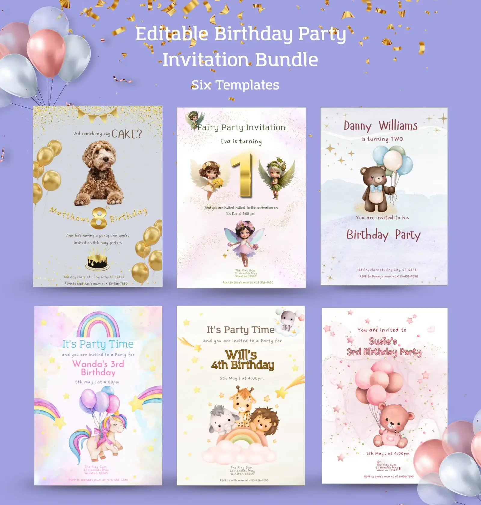 Editable Kids Party invitation Bundle