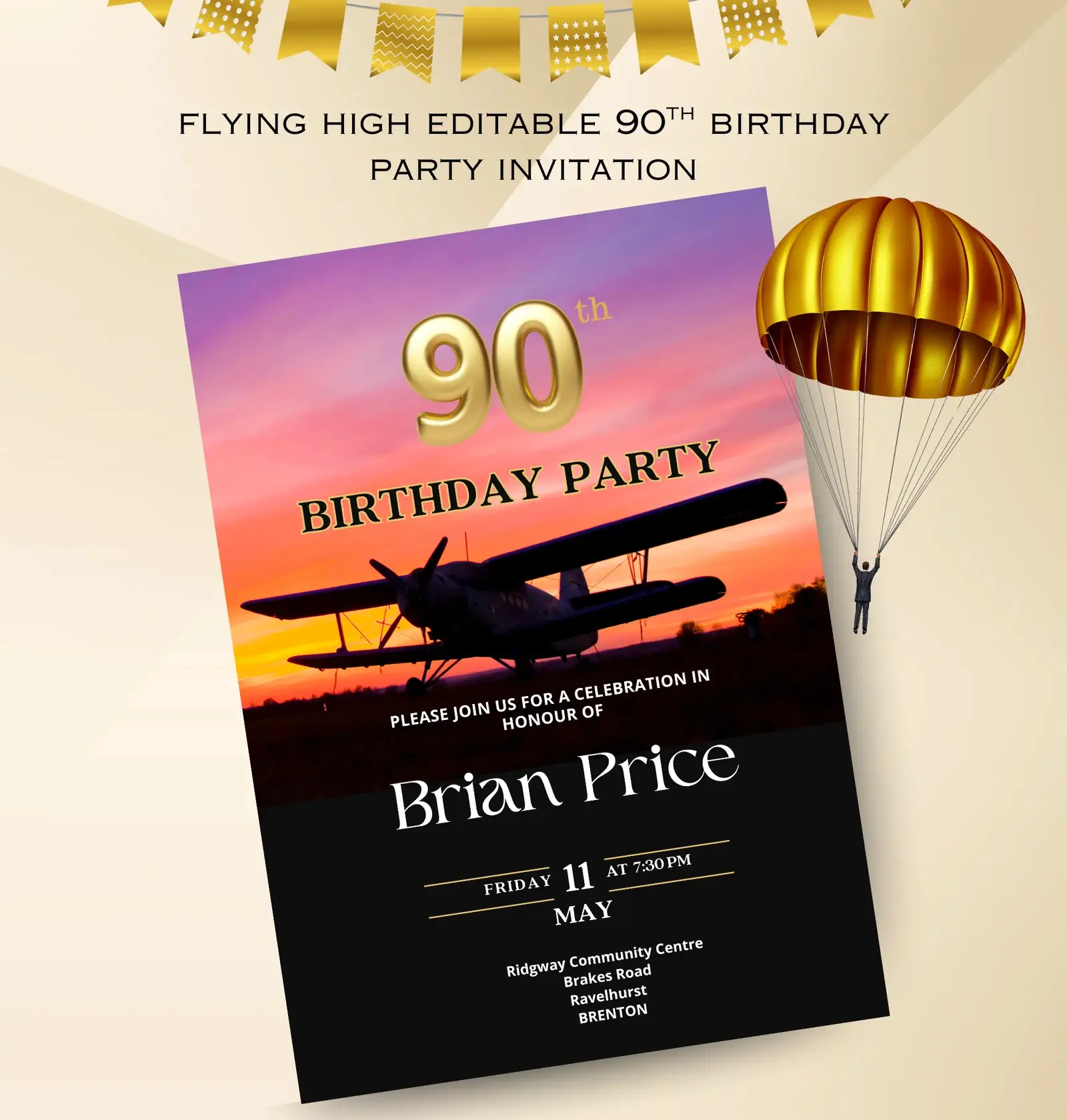 Editable 90th Birthday Party Invitation