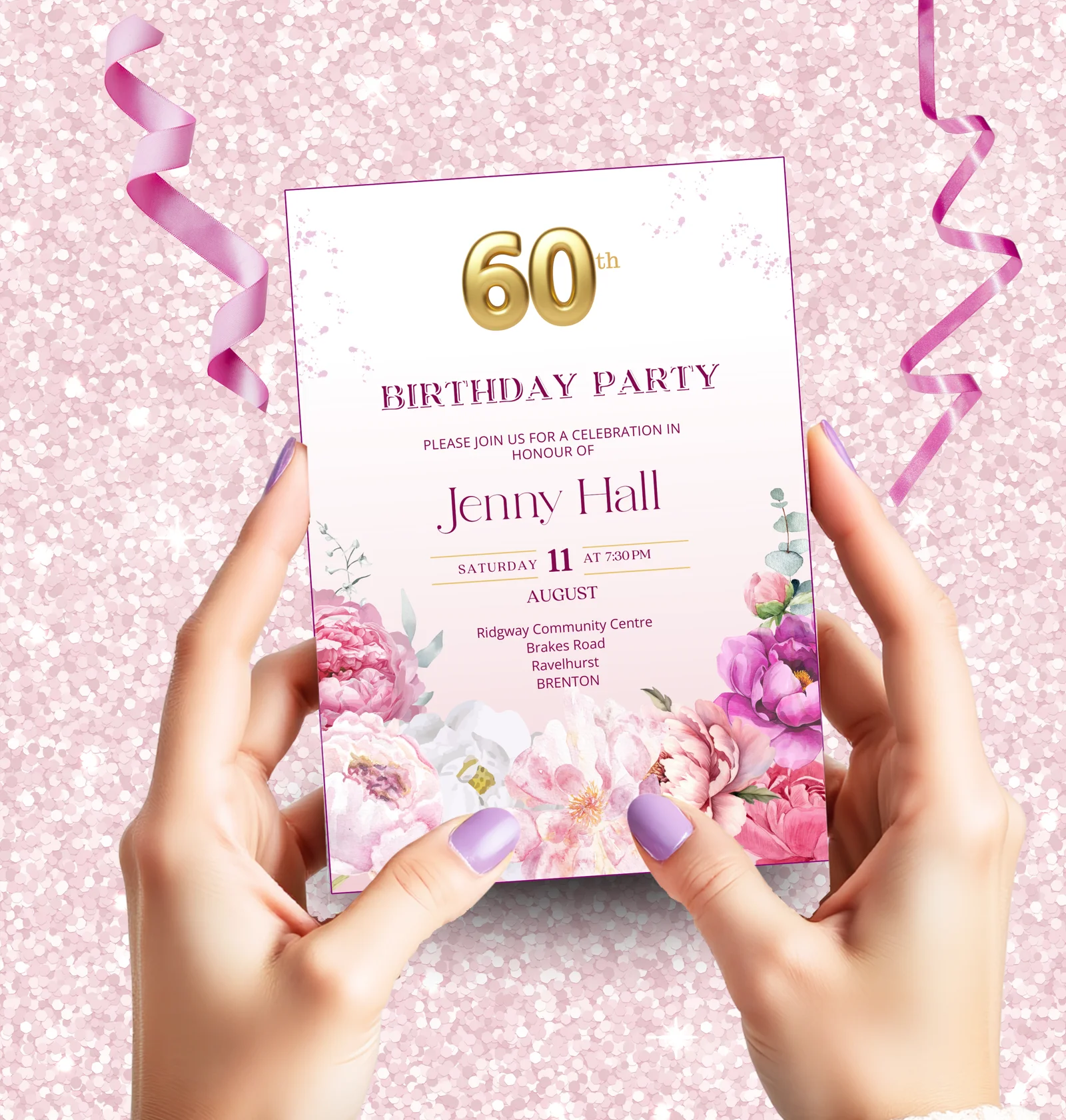 pink peonies 60th Birthday invitation
