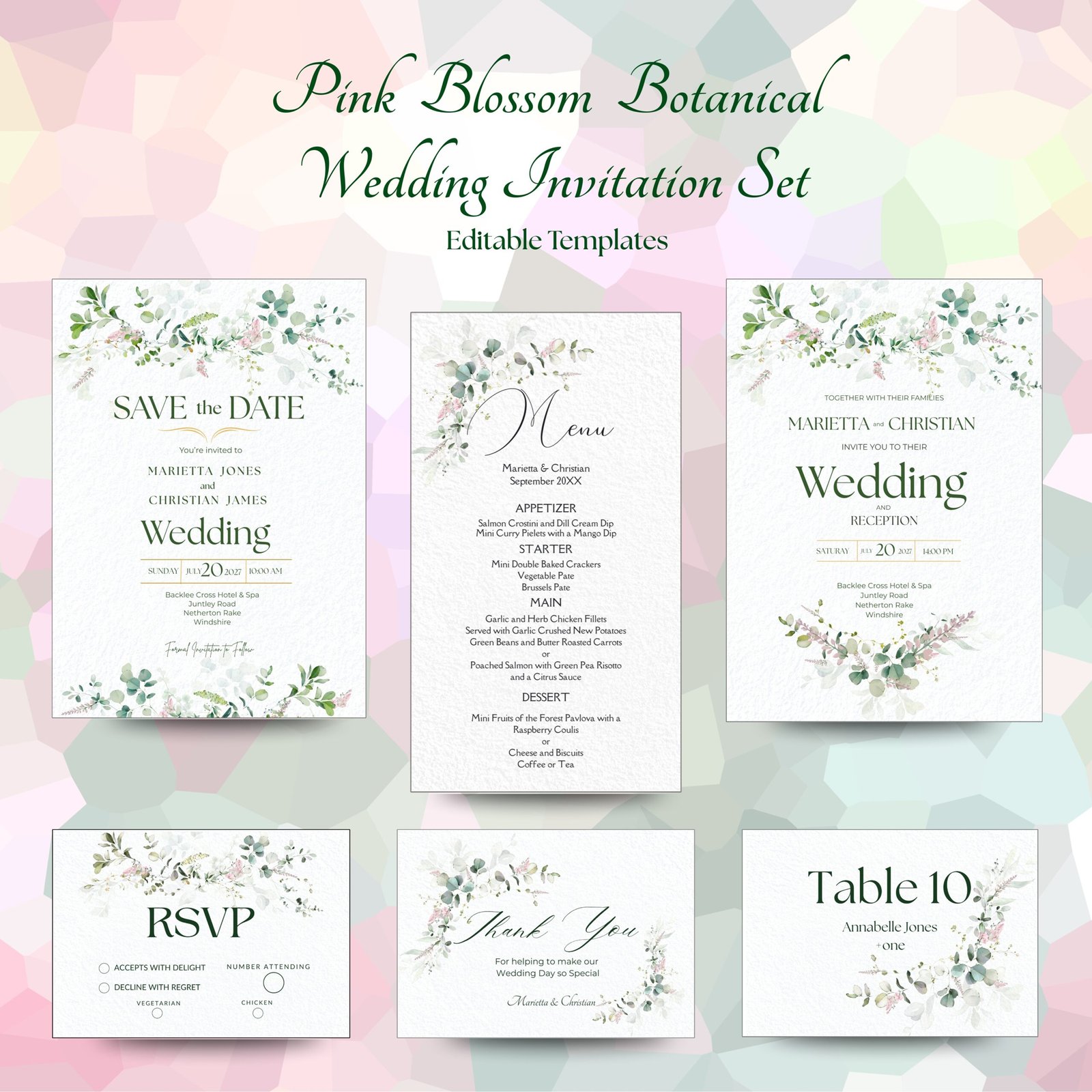 Pink Blossoms Botanical Wedding Invitation Set