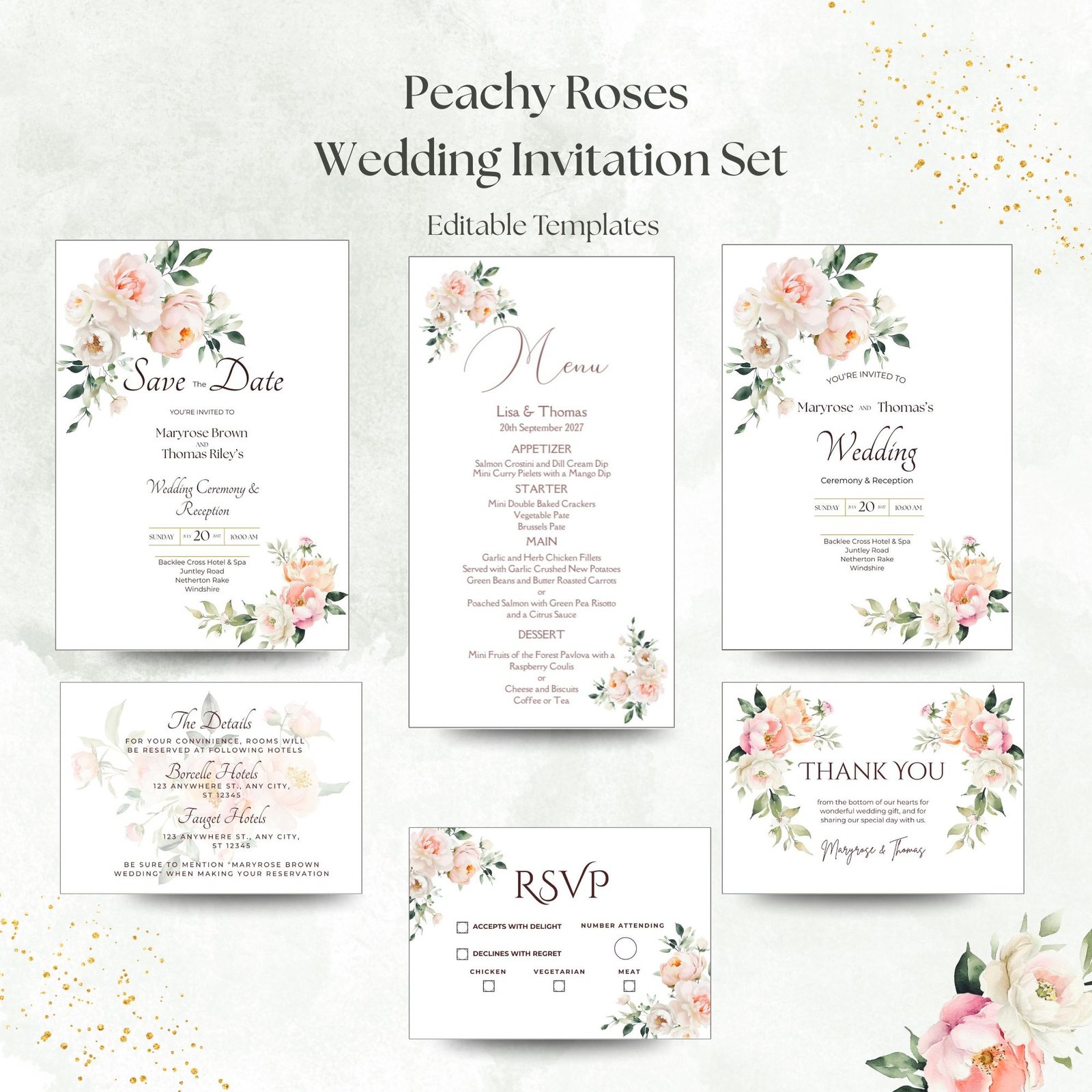 Peachy Roses Wedding Invitation Set